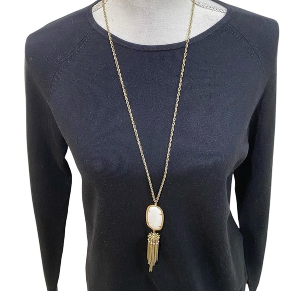Kendra Scott Rayne goldtone twisted chain long necklace white stone & tassel - Picture 3 of 10